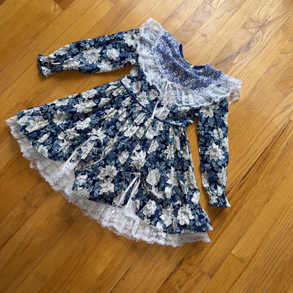 Vintage Kiddin Around Dress Girls 6X Blue Floral‎ Lace Collar Party Easter 80s